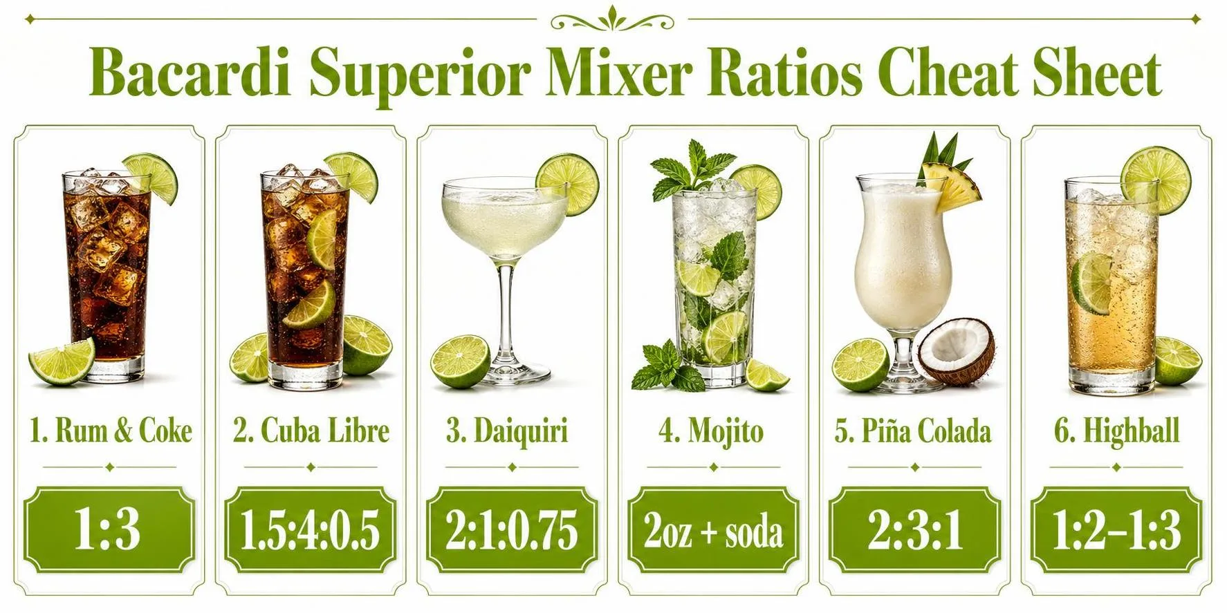 What To Mix With Bacardi Rum Superior? 1 Bacardi Superior Mixer Ratios Cheat Sheet — key facts at a glance