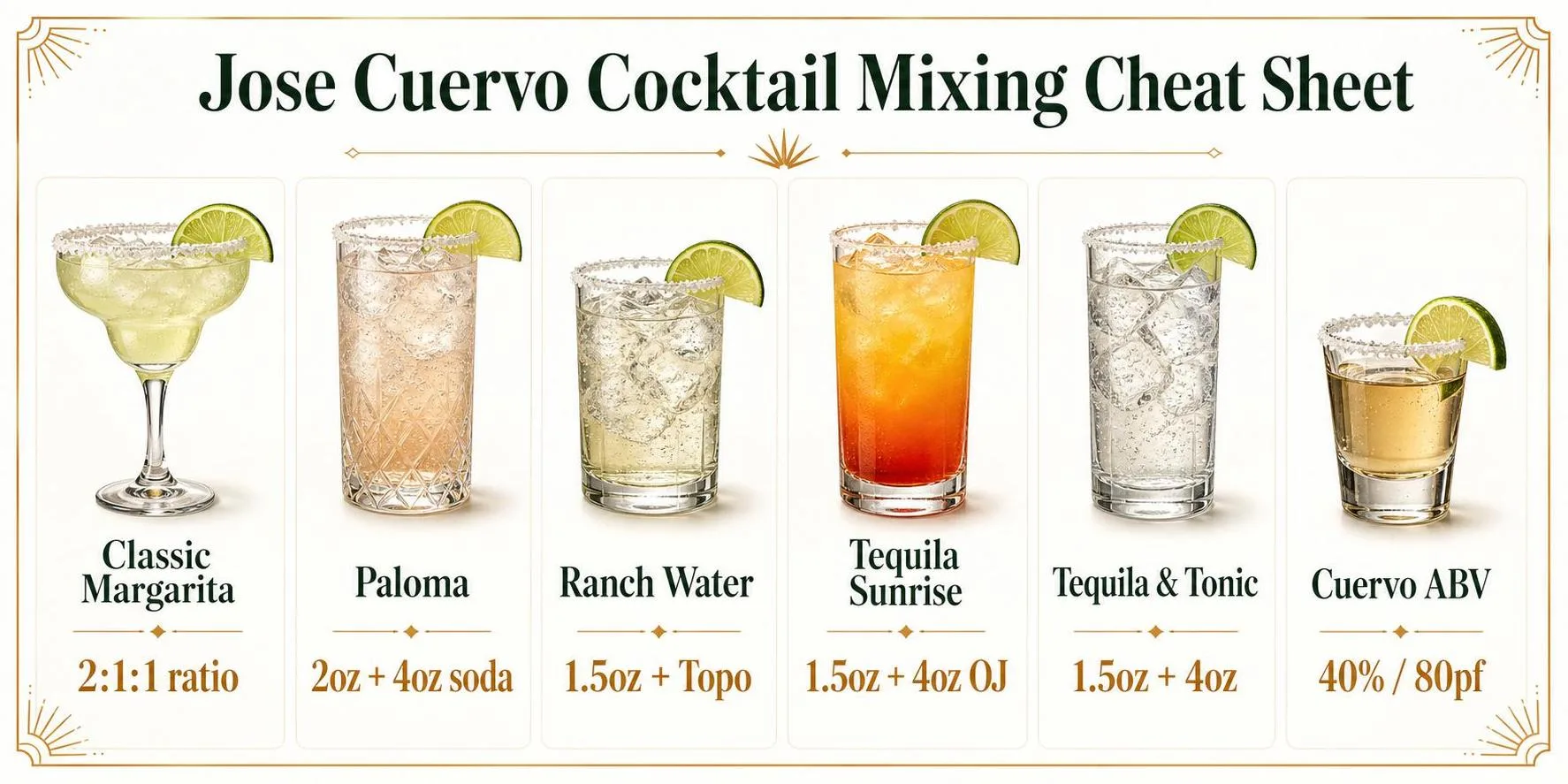 Jose Cuervo Cocktail Mixing Cheat Sheet — key facts at a glance