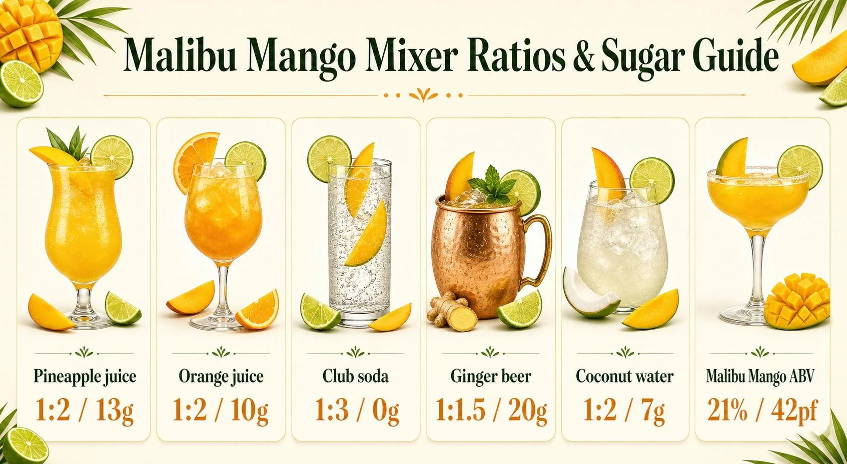 What To Mix With Malibu Mango Rum? 1 Malibu Mango Mixer Ratios & Sugar Guide — key facts at a glance