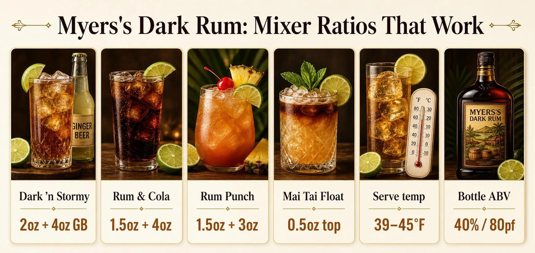 What To Mix With Myers Dark Rum? 1 Myers's Dark Rum: Mixer Ratios That Work — key facts at a glance