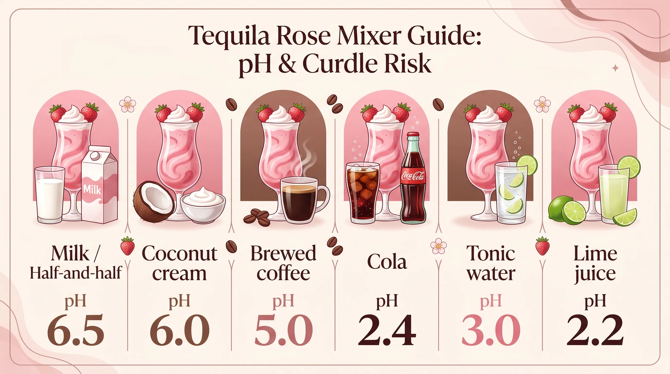 What To Mix With Tequila Rose? 1 Tequila Rose Mixer Guide: pH & Curdle Risk — key facts at a glance