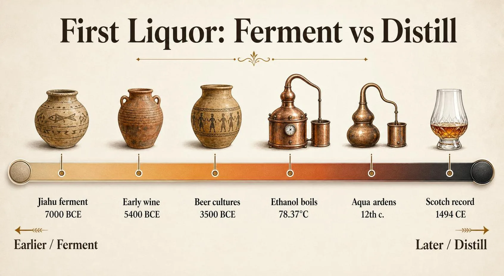 What Was The First Liquor Ever Made? 1 First Liquor: Ferment vs Distill — key facts at a glance