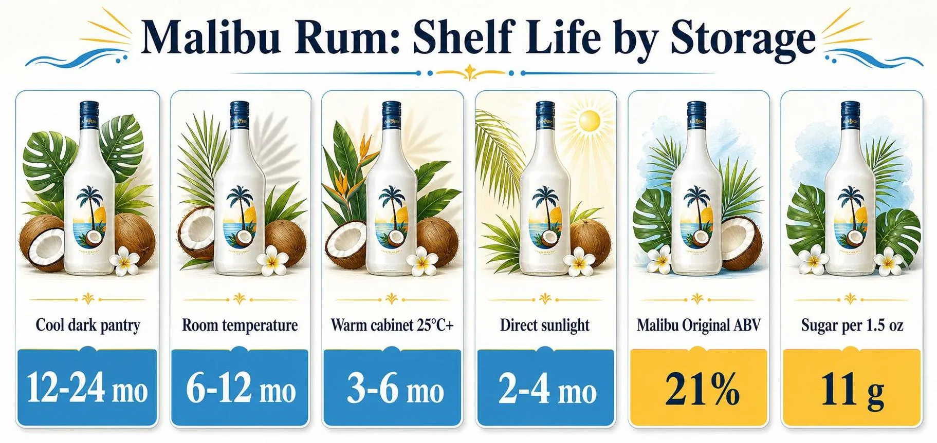 Malibu Rum: Shelf Life by Storage — key facts at a glance