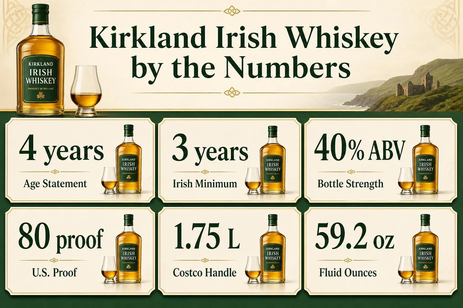 Kirkland Irish Whiskey by the Numbers — key facts at a glance