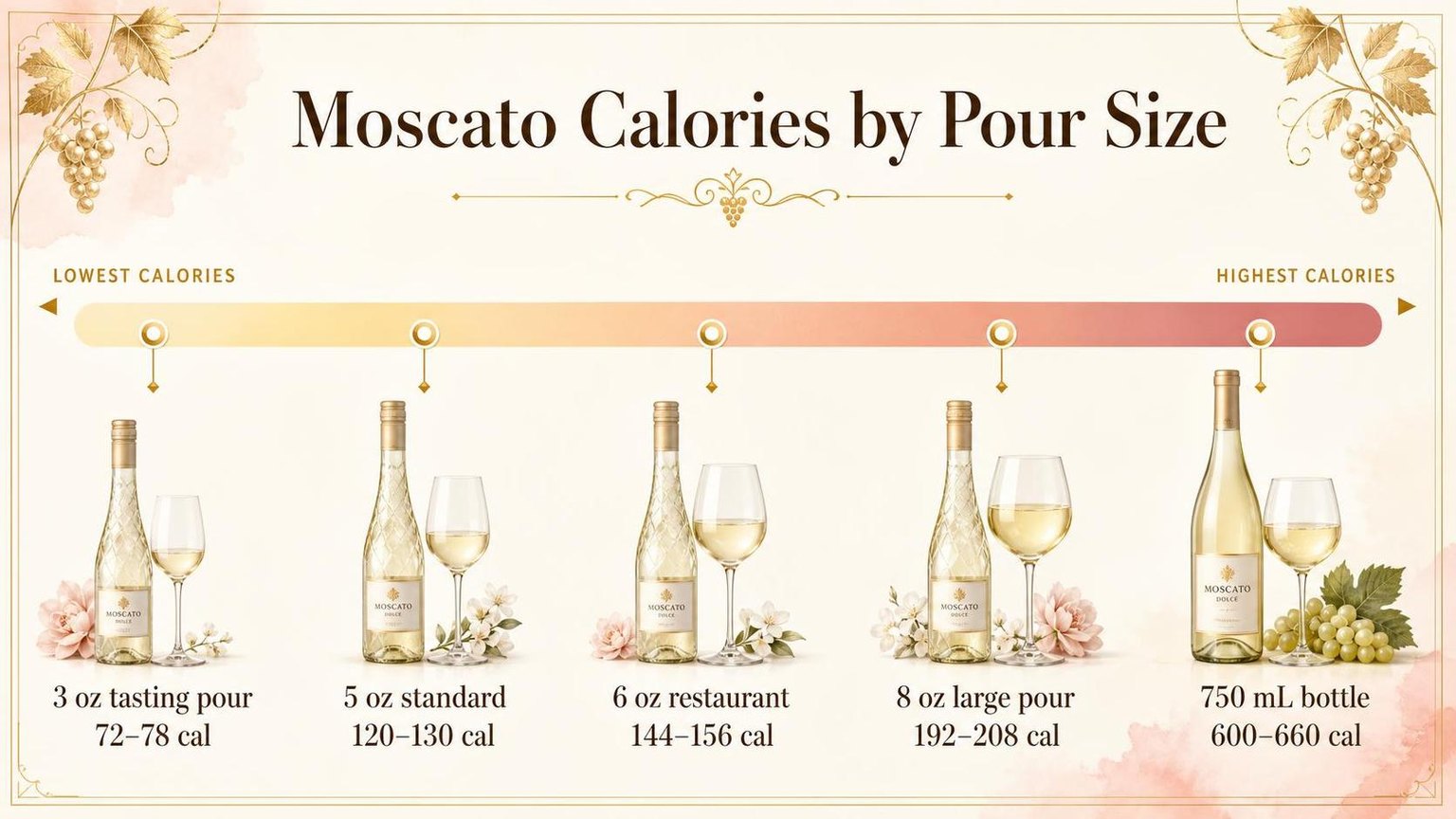 How Many Calories Are in Moscato Wine? 1 Moscato Calories by Pour Size — key facts at a glance