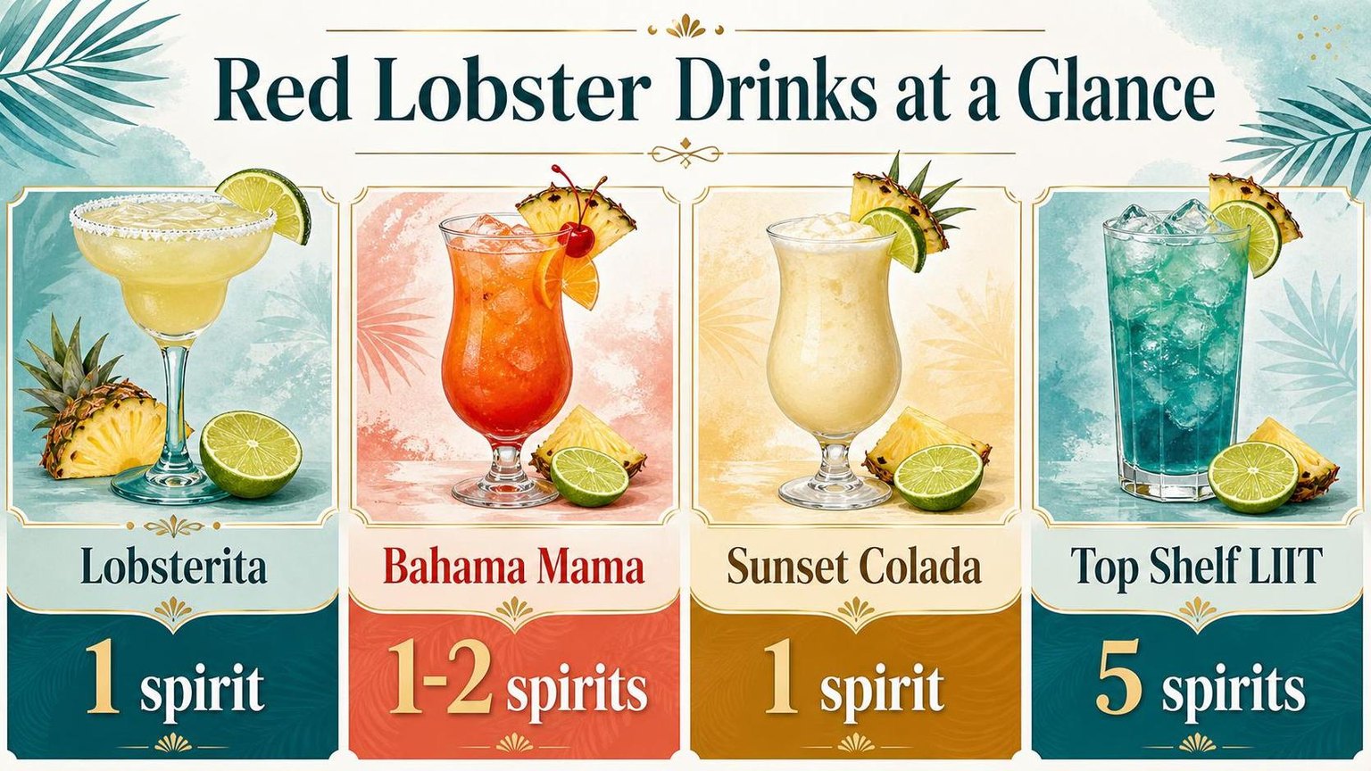 Drinks at Red Lobster for Cocktails, Beer, and Wine 1 Red Lobster Drinks at a Glance — key facts at a glance