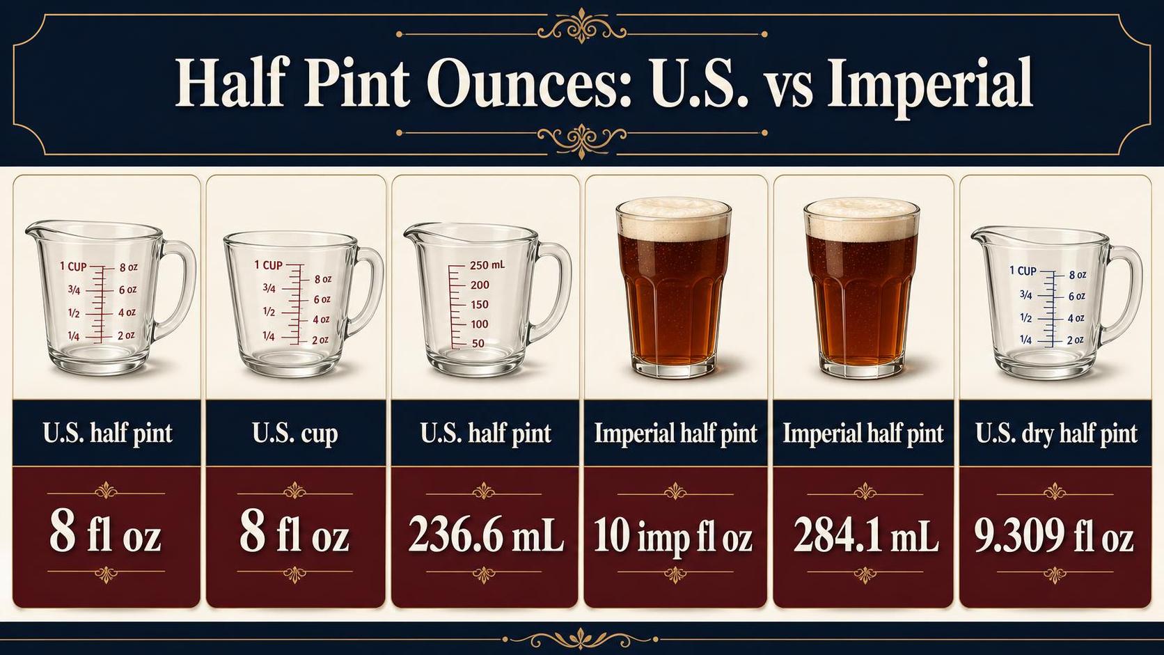 Half Pint Ounces: U.S. vs Imperial — key facts at a glance