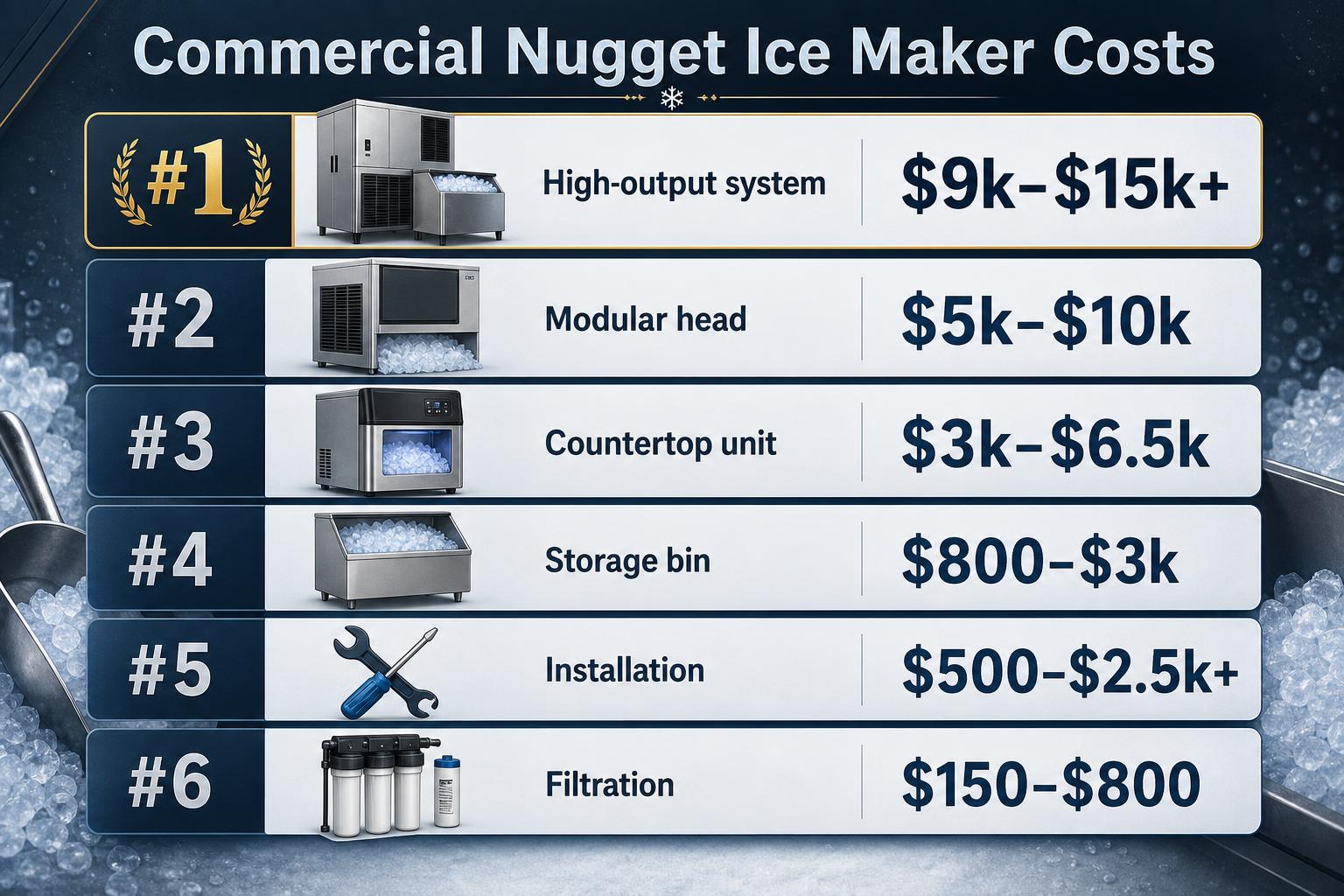 How Much Does a Commercial Nugget Ice Maker Cost? 1 Commercial Nugget Ice Maker Costs — key facts at a glance