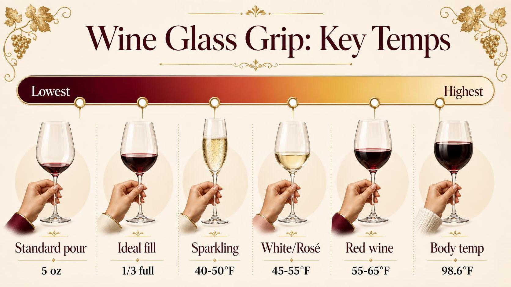 How To Hold A Wine Glass? How To Properly Hold A Wine Glass? 1 Wine Glass Grip: Key Temps — key facts at a glance