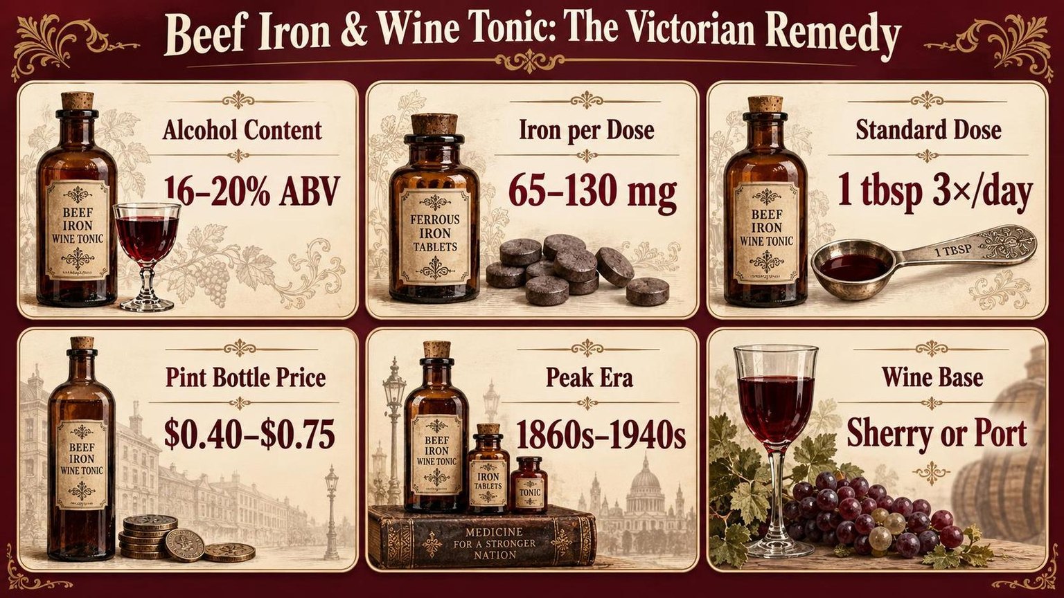 Beef Iron & Wine Tonic: The Victorian Remedy — a visual summary of the figures