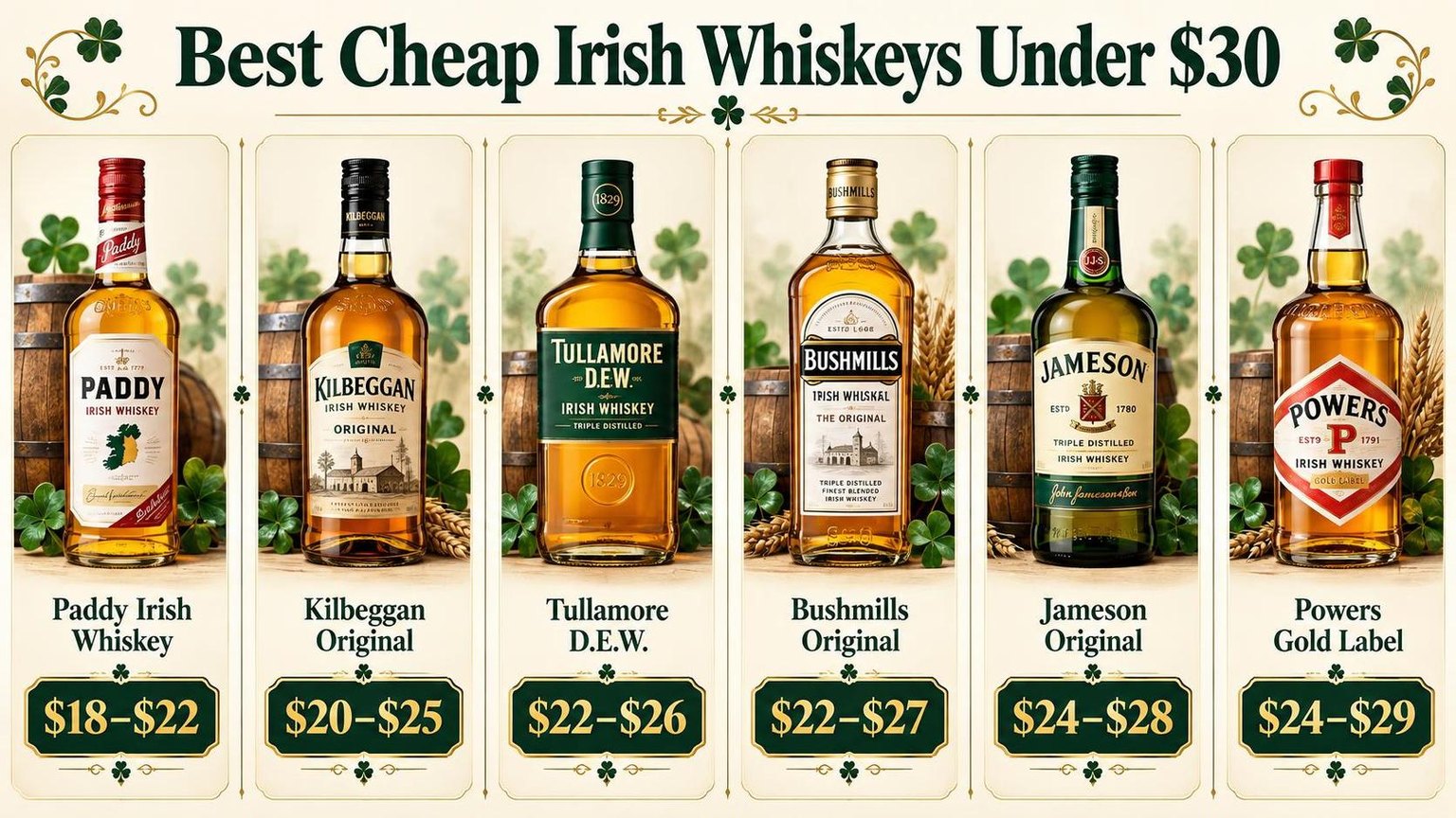 Best Cheap Irish Whiskeys Under $30 — the numbers side by side