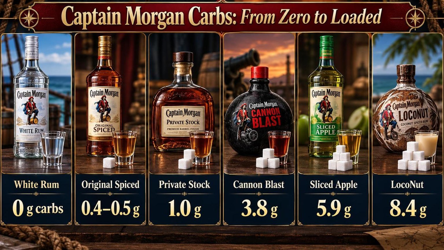 Captain Morgan Carbs: From Zero to Loaded — a visual summary of the figures