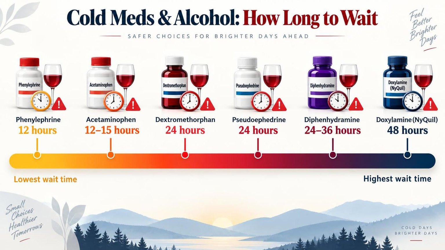 How Long After Taking Cold Medicine Can You Drink Alcohol? 1 Cold Meds & Alcohol: How Long to Wait — the numbers side by side