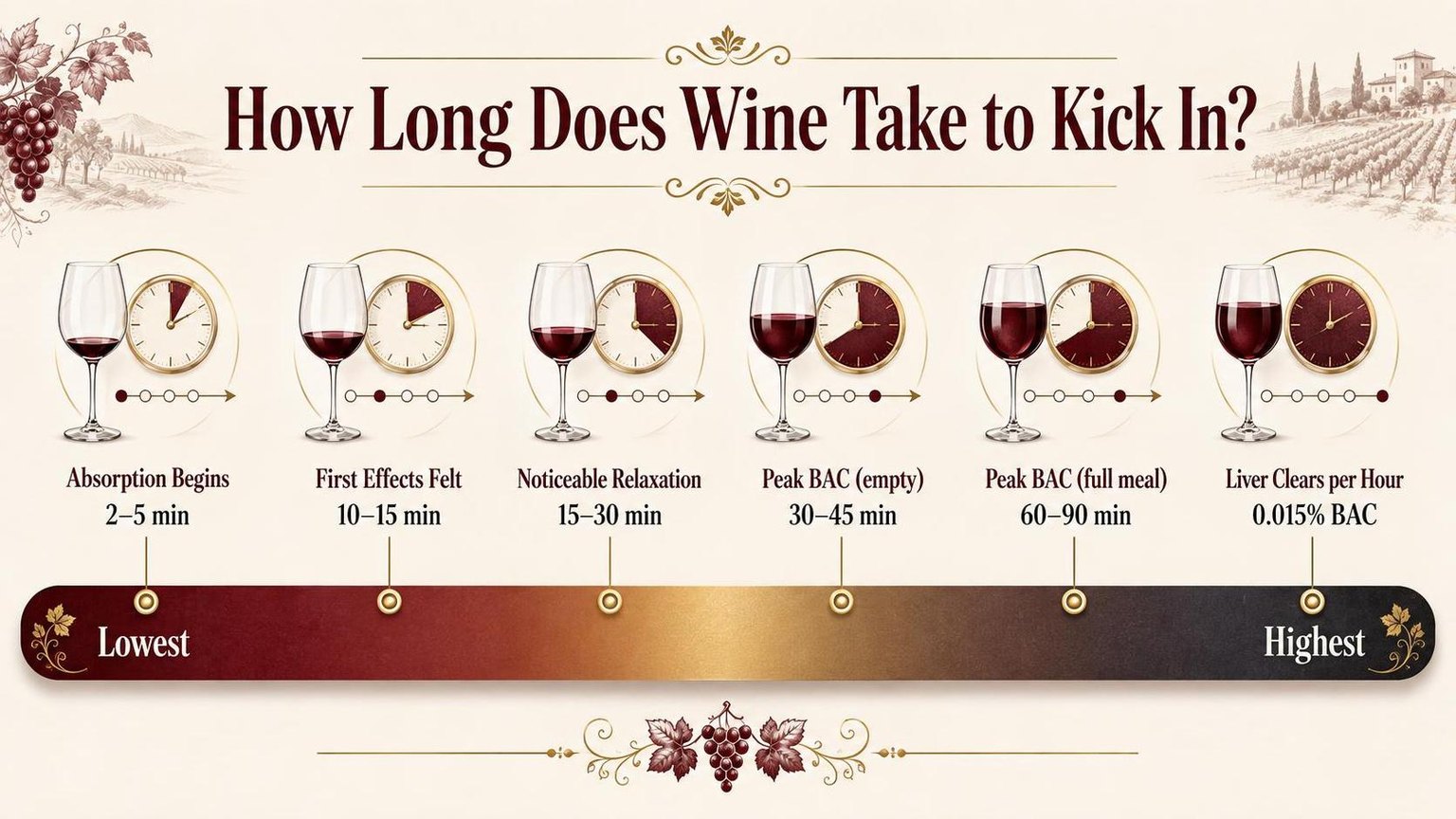How Long Does Wine Take to Kick In? 1 How Long Does Wine Take to Kick In? — key facts at a glance