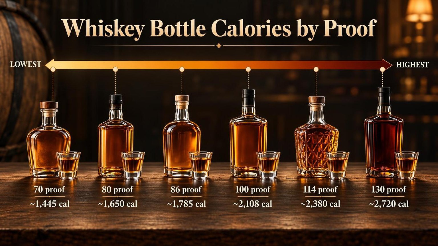 Whiskey Bottle Calories by Proof — a visual summary of the figures