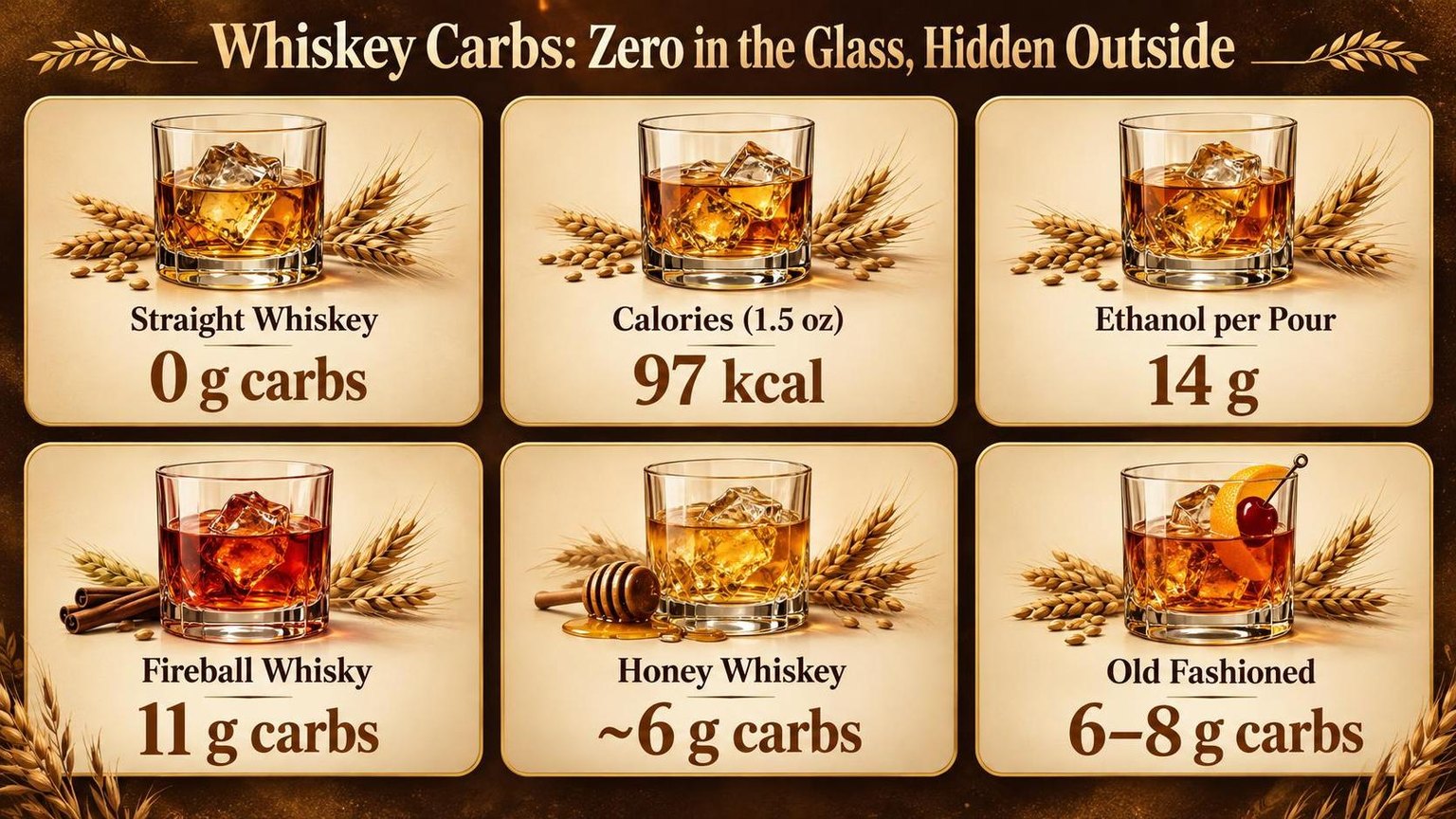 Whiskey Carbs: Zero in the Glass, Hidden Outside — a visual summary of the figures