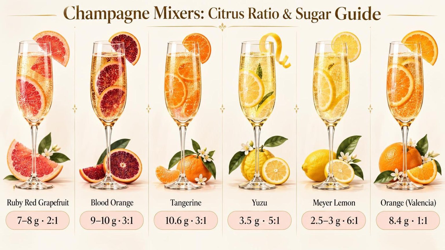 Champagne Mixers: Citrus Ratio & Sugar Guide — a visual summary of the figures