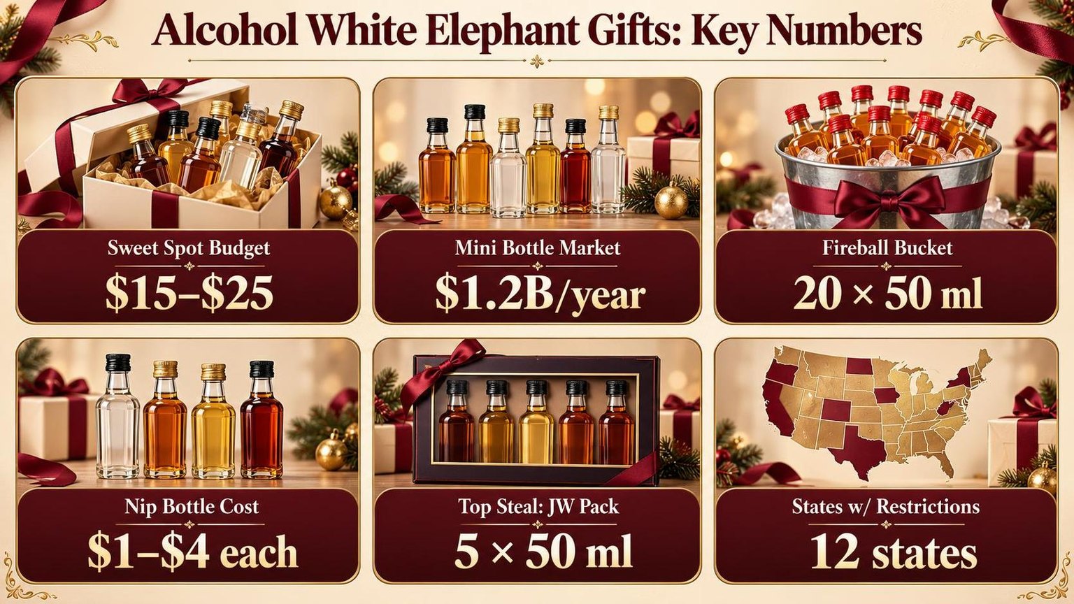 Alcohol White Elephant Gifts: Key Numbers — a visual summary of the figures