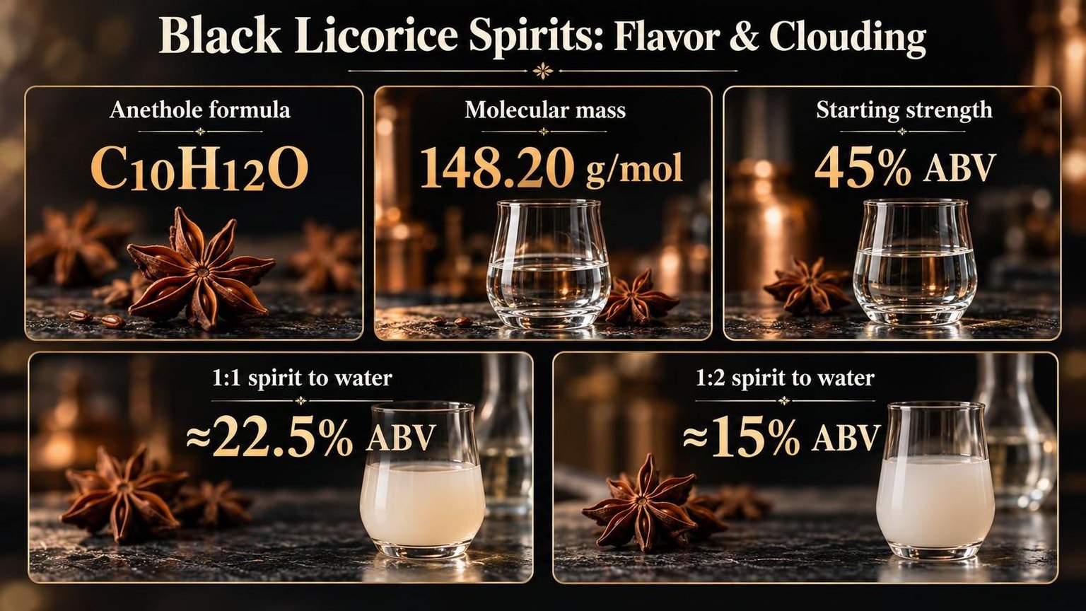 Black Licorice Flavored Alcohol 1 Black Licorice Spirits: Flavor & Clouding — a visual summary of the figures