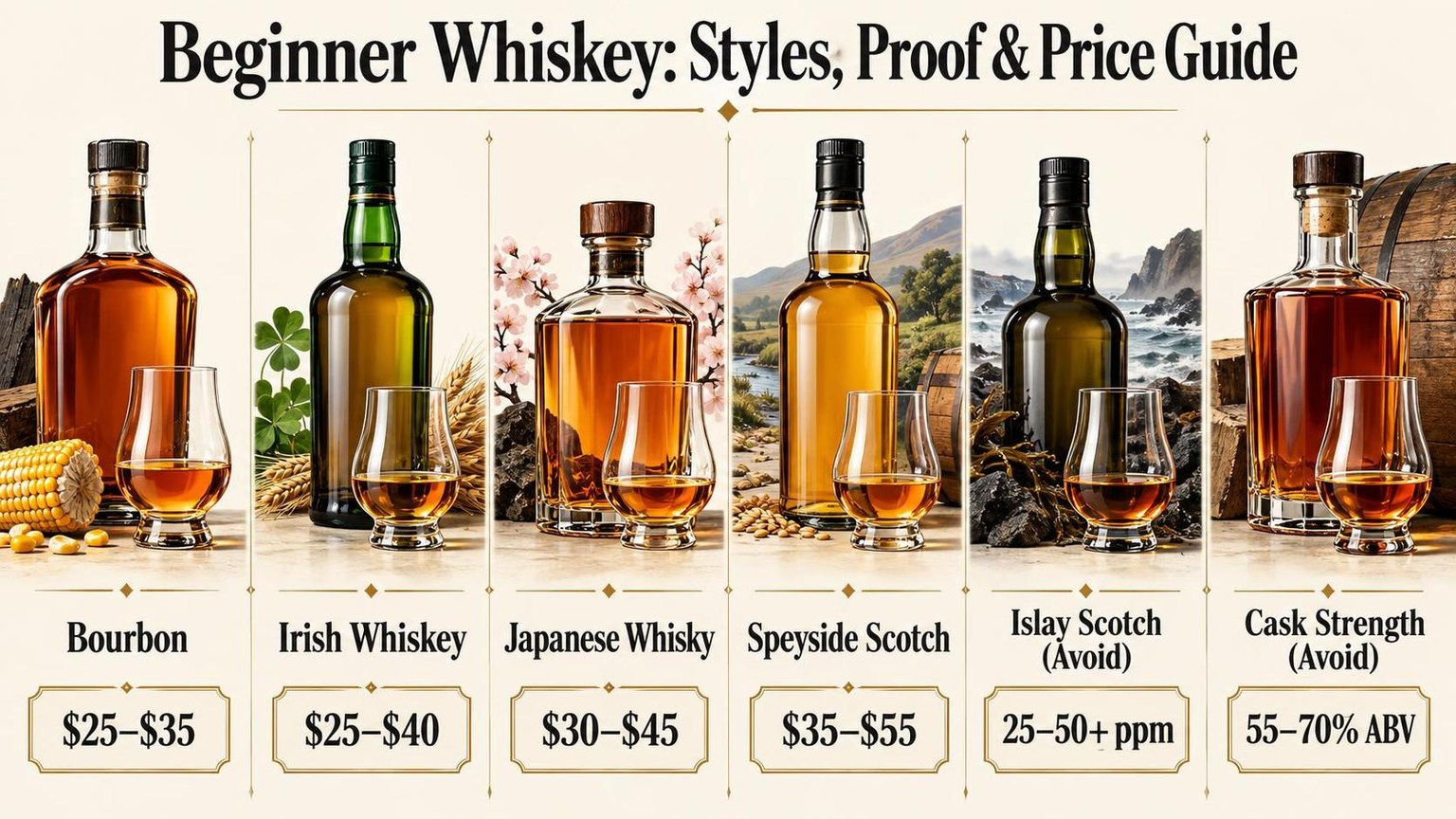 Good Whiskey for Beginners and How to Choose 1 Beginner Whiskey: Styles, Proof & Price Guide — the numbers side by side